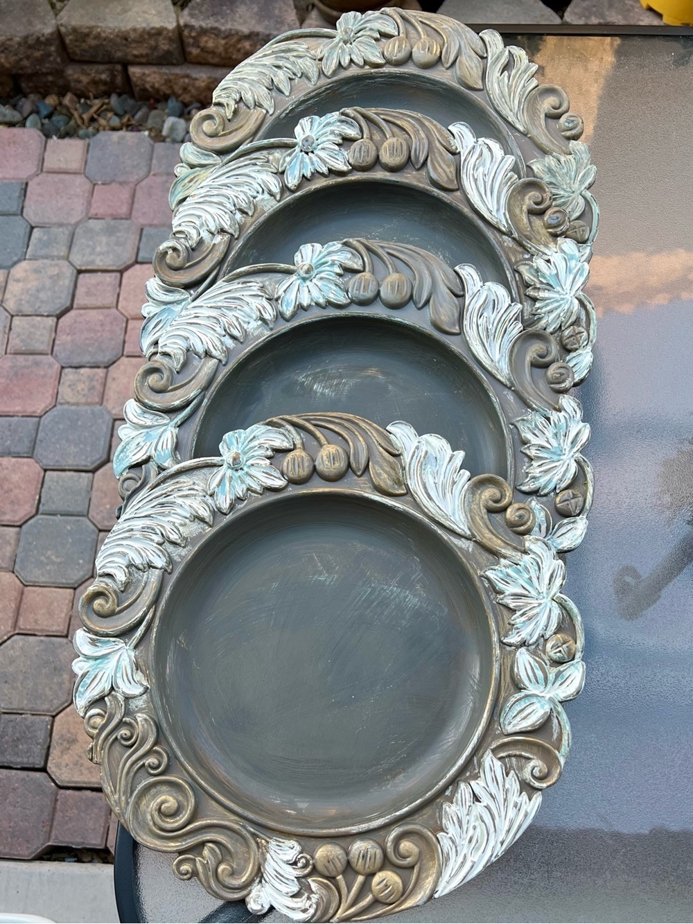 Pottery Barn Baroque Charger Plates “Carved Architectural” Factory Distressed